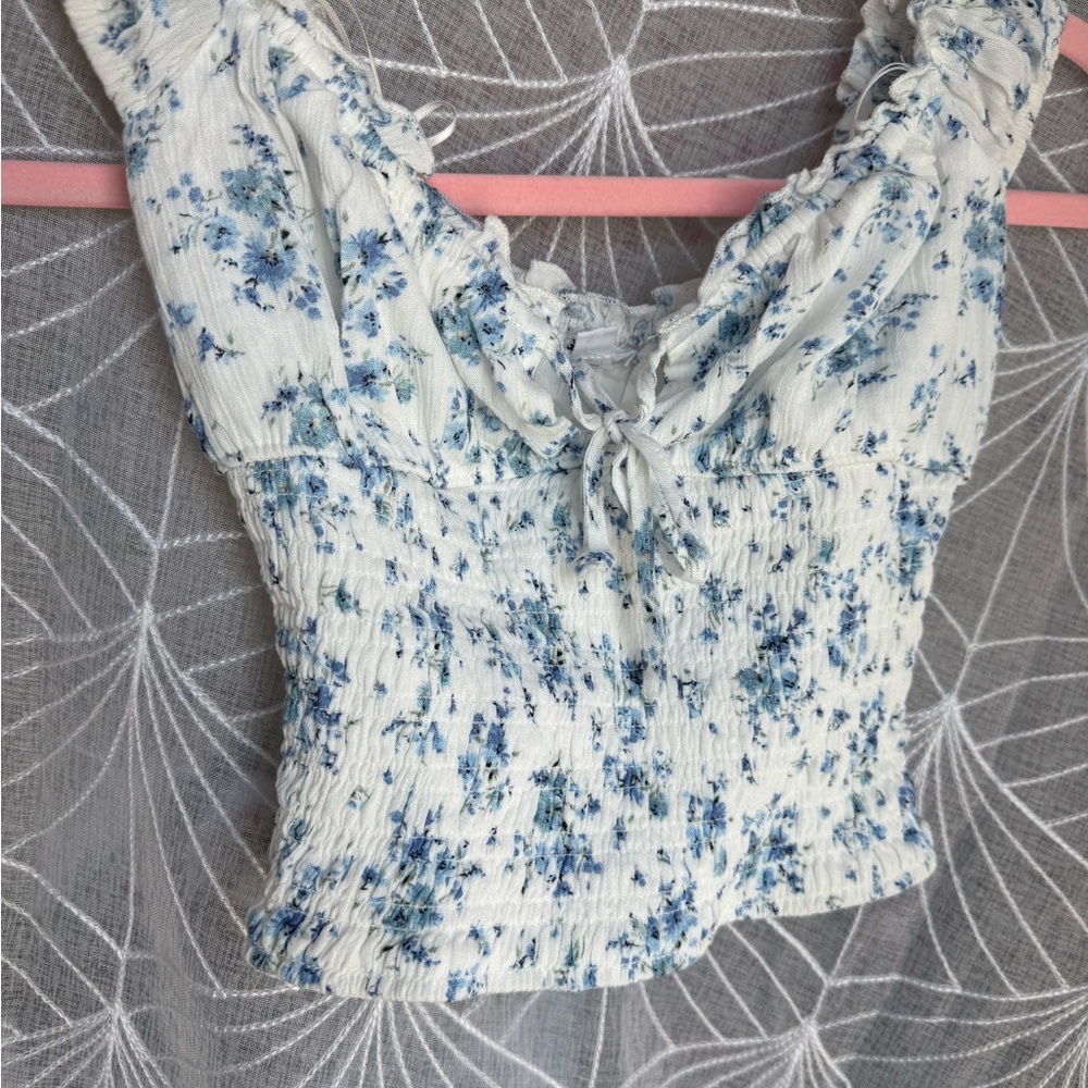 Floral Smocked Blue and White Women's Crop Top